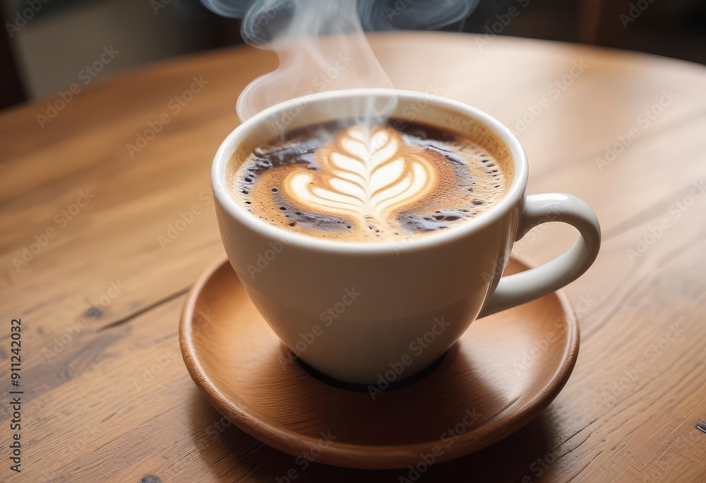 Fresh coffee steams on wooden table close up, ai