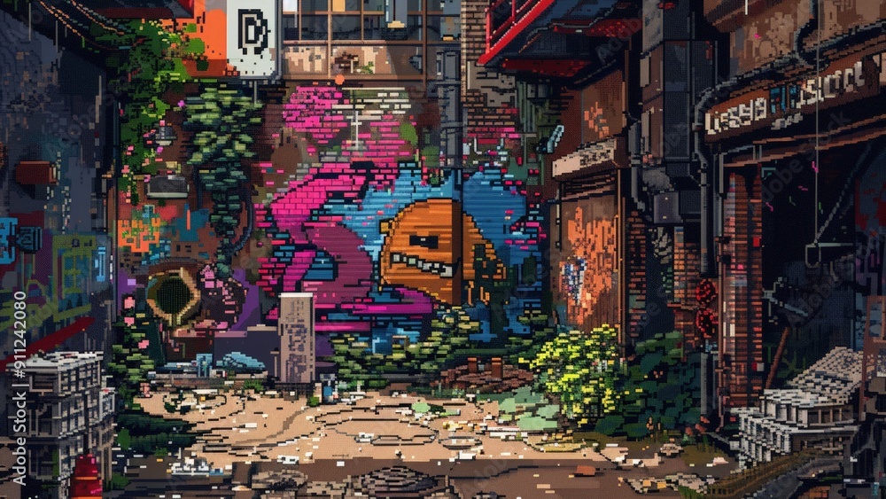 Fototapeta premium Neon Alleyway's Urban Decay: A captivating pixel art piece depicting a gritty, graffiti-laden alleyway in a cyberpunk cityscape, overgrown with nature's resilience. 
