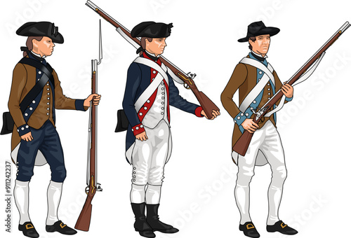 Set of Three American Soldiers in Uniforms of Various Regiments from American Revolutionary War Holding Muskets or Rifles, Illustration Isolated on White Background, EPS 10 Vector