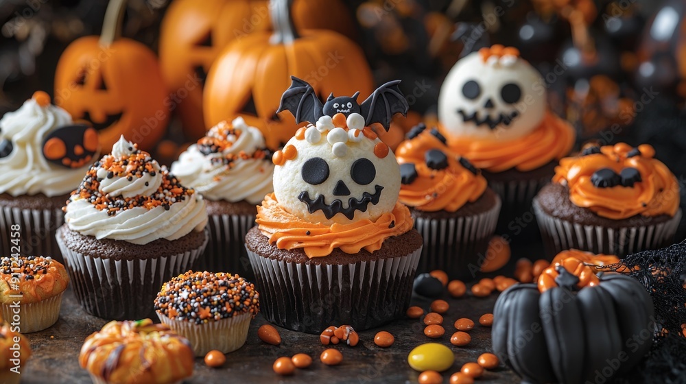 Festive Halloween Treats Close-Up: Spooky Cupcakes, Cookies, and Candy on Table for Seasonal Celebration Festive Halloween Treats Close-Up: Spooky Cupcakes, Cookies, and Candy on Table for Seasonal Celebration