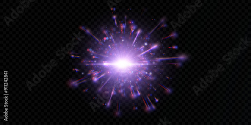 Vivid purple light effect with glare and particle explosion effect on black background. Vector 10 EPS