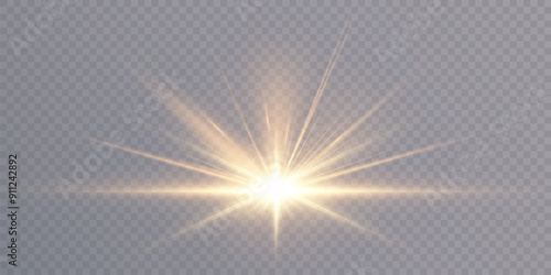 Abstract golden light effect with glare and particle explosion effect on transparent background. Vector 10 EPS