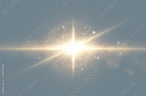 Abstract golden light effect with glare and particle explosion effect on transparent background. Vector 10 EPS