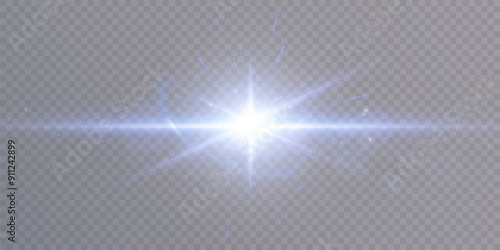 Bright PNG light effect. Abstract blue flash of light and laser beams with shimmer and glitter. Isolated on transparent background.