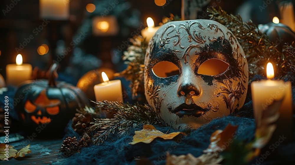 Eerie Halloween Mask on Table Surrounded by Spooky Decor, Candlelight, and Festive Ornaments for October Season Celebration Eerie Halloween Mask on Table Surrounded by Spooky Decor, Candlelight, and Festive Ornaments for October Season Celebration