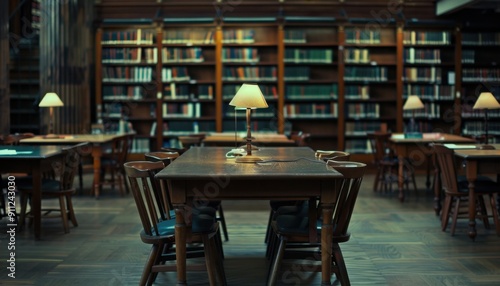 Quiet Library Interior With Wooden Tables and Lamps Featuring Abundant Bookshelves During Late Afternoon