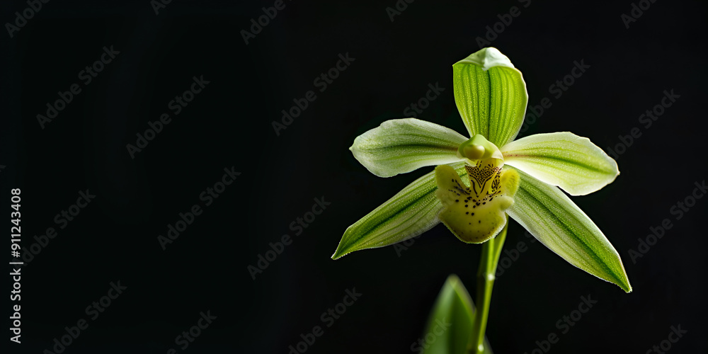 Fototapeta premium Green Orchid Blooming Against Black Background