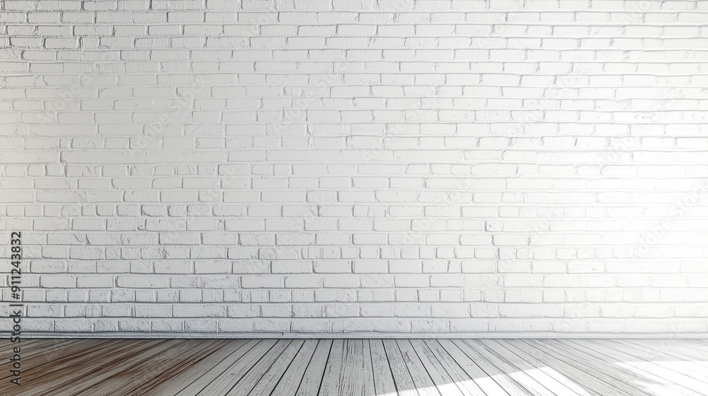 Fototapeta premium Alter weißer Backsteinmauerhintergrund mit Holzboden
