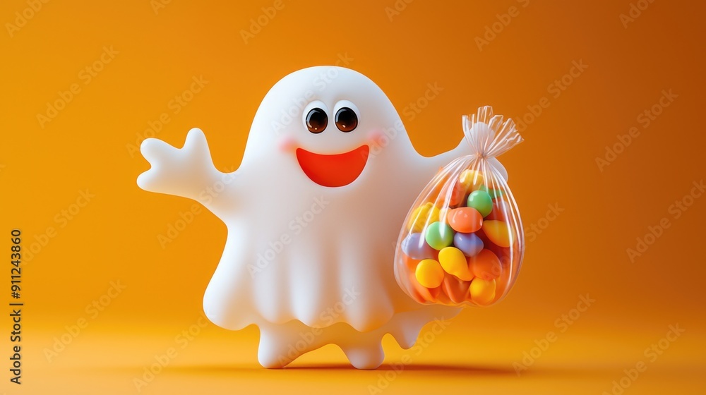 Cheerful Cartoon Ghost with Candy Bag - Halloween Fun and Treats Concept Cheerful Cartoon Ghost with Candy Bag - Halloween Fun and Treats Concept