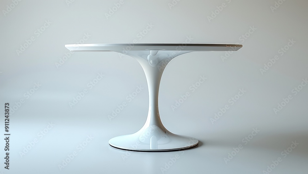 A minimalist white tulip table with a round top and a sleek, curved base. A minimalist white tulip table with a round top and a sleek, curved base.