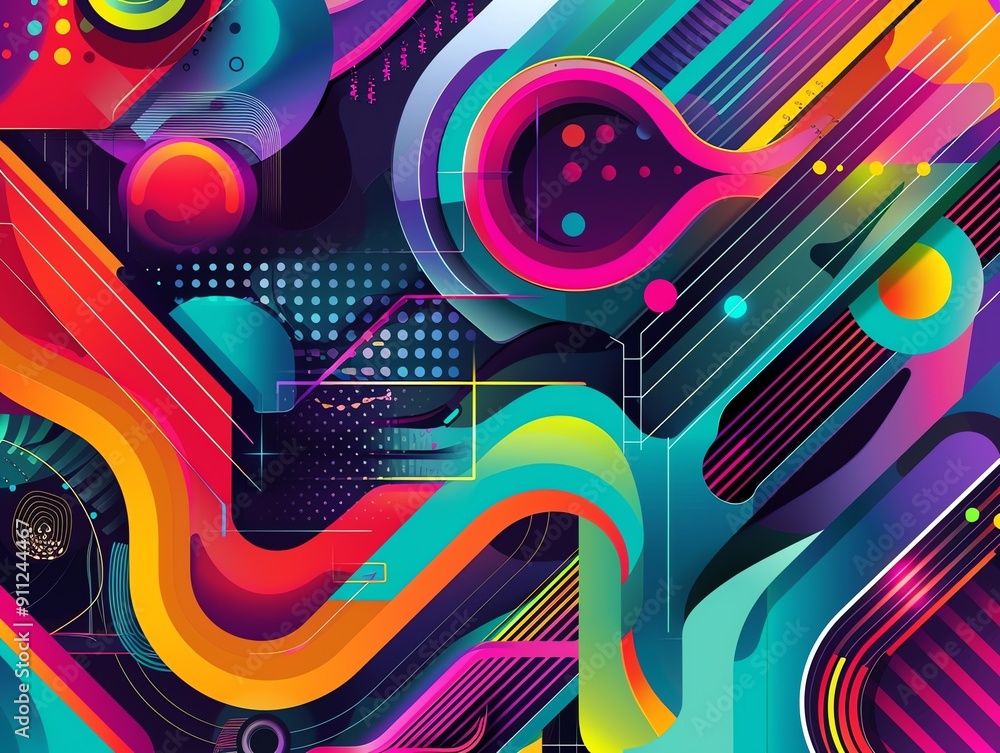 Abstract Colorful Geometric Pattern with Curved Shapes and Lines on a Dark Background Abstract Colorful Geometric Pattern with Curved Shapes and Lines on a Dark Background