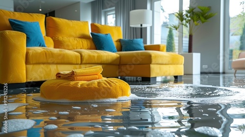 Flooded Living Room with Yellow Couch