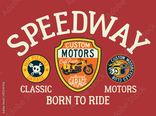 Speedway biker club motorcycle custom motors cute vector print for kid children wear shirt with embroidery patches