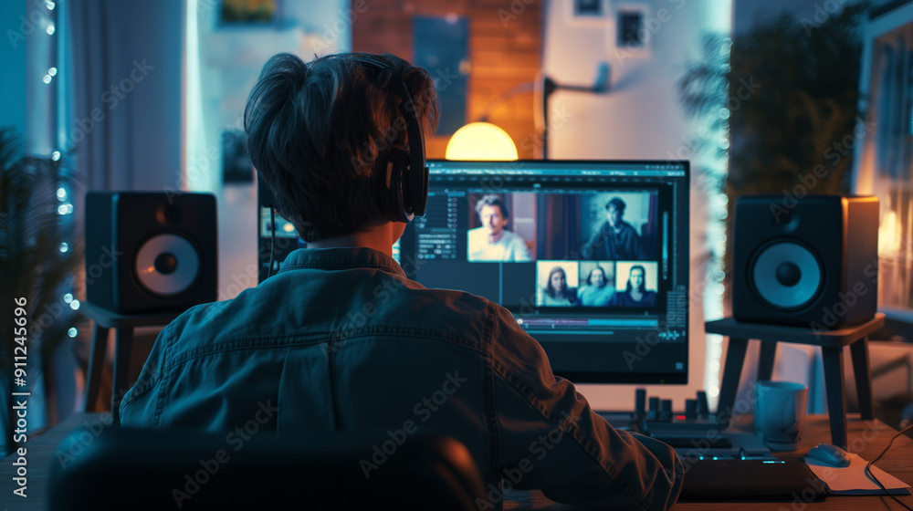 Man Editing Video in Home Studio with Monitors and Headphones Man Editing Video in Home Studio with Monitors and Headphones