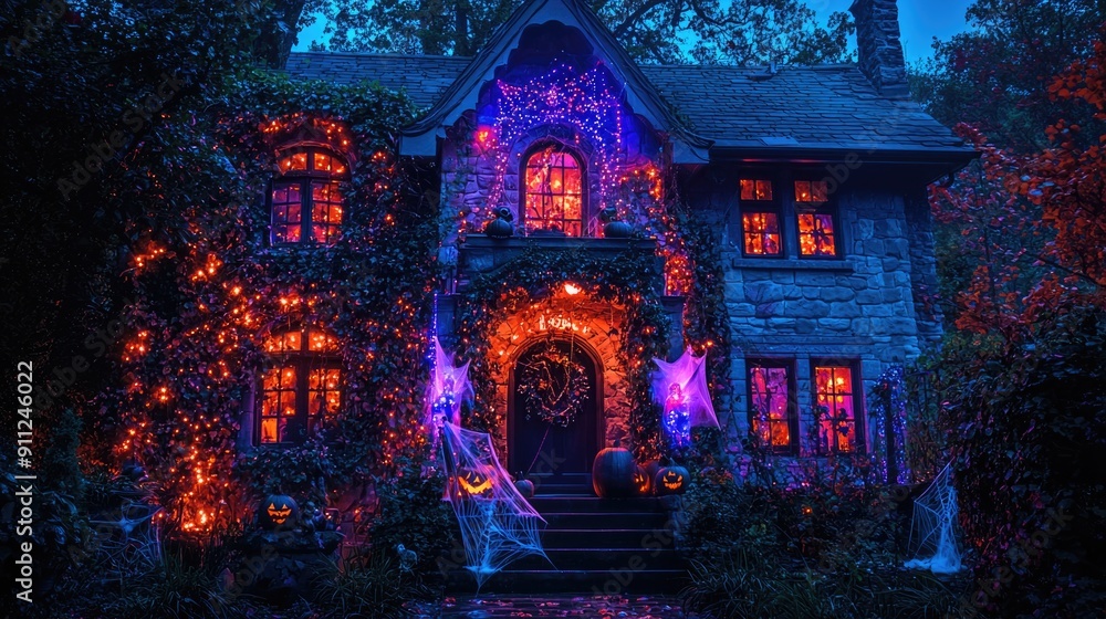 Fototapeta premium Enchanting Halloween House Decorated with Lights, Cobwebs, and Spooky Figures