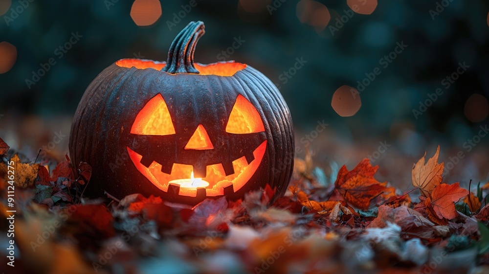 Illuminated Halloween Jack-o'-lantern with Candle Light and Autumn Leaves in Fall Setting Illuminated Halloween Jack-o'-lantern with Candle Light and Autumn Leaves in Fall Setting