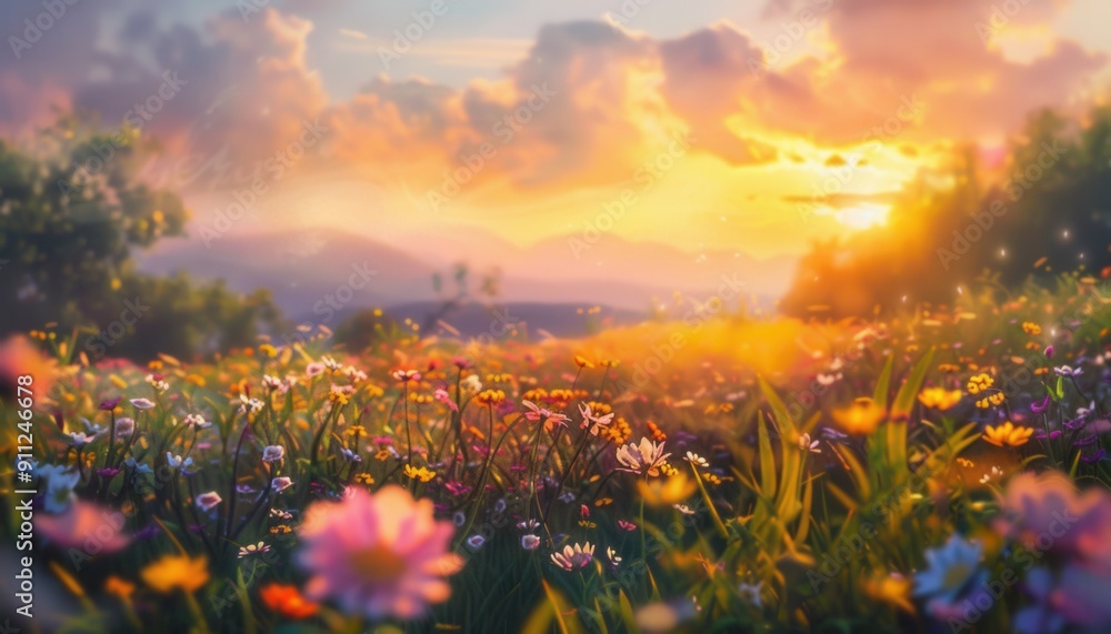 Colorful Wildflower Meadow Under a Golden Sunset With Mountaintops in the Background Colorful Wildflower Meadow Under a Golden Sunset With Mountaintops in the Background