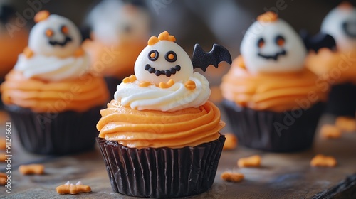 Spooky Halloween Cupcakes with Festive Decorations on Clean Background photo