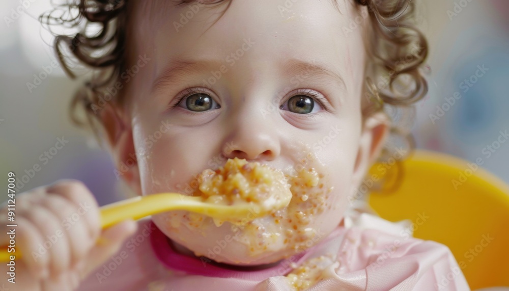 Baby Enjoying Messy Mealtime With Colorful Food and Bright High Chair Baby Enjoying Messy Mealtime With Colorful Food and Bright High Chair