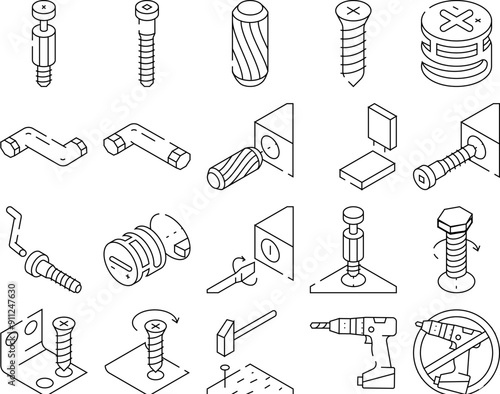 assembly instruction furniture icons set vector. manual diy, home repair tools construction, house assemble screw assembly instruction furniture black contour illustrations