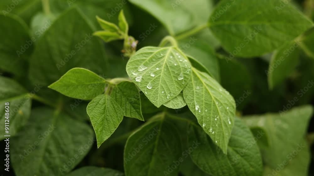 Crystal clear raindrops on the leaves of soybean. A beautiful soybean field. Growing season of soybeans. Farming and agricultural industry. Crystal clear raindrops on the leaves of soybean. A beautiful soybean field. Growing season of soybeans. Farming and agricultural industry.