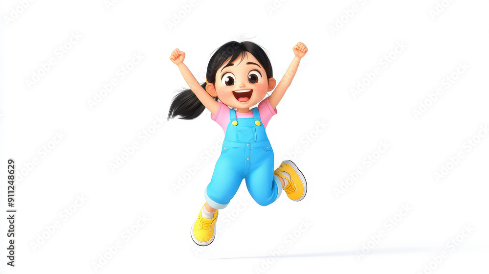 A joyful girl in blue overalls and yellow sneakers leaps into the air, mimicking an airplane with playful glee. A joyful girl in blue overalls and yellow sneakers leaps into the air, mimicking an airplane with playful glee.
