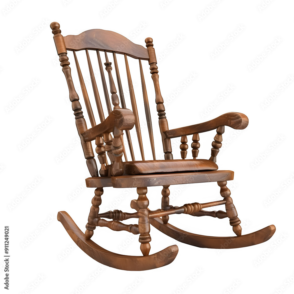 Classic brown wooden rocking chair with a detailed design, set on a clear background Classic brown wooden rocking chair with a detailed design, set on a clear background