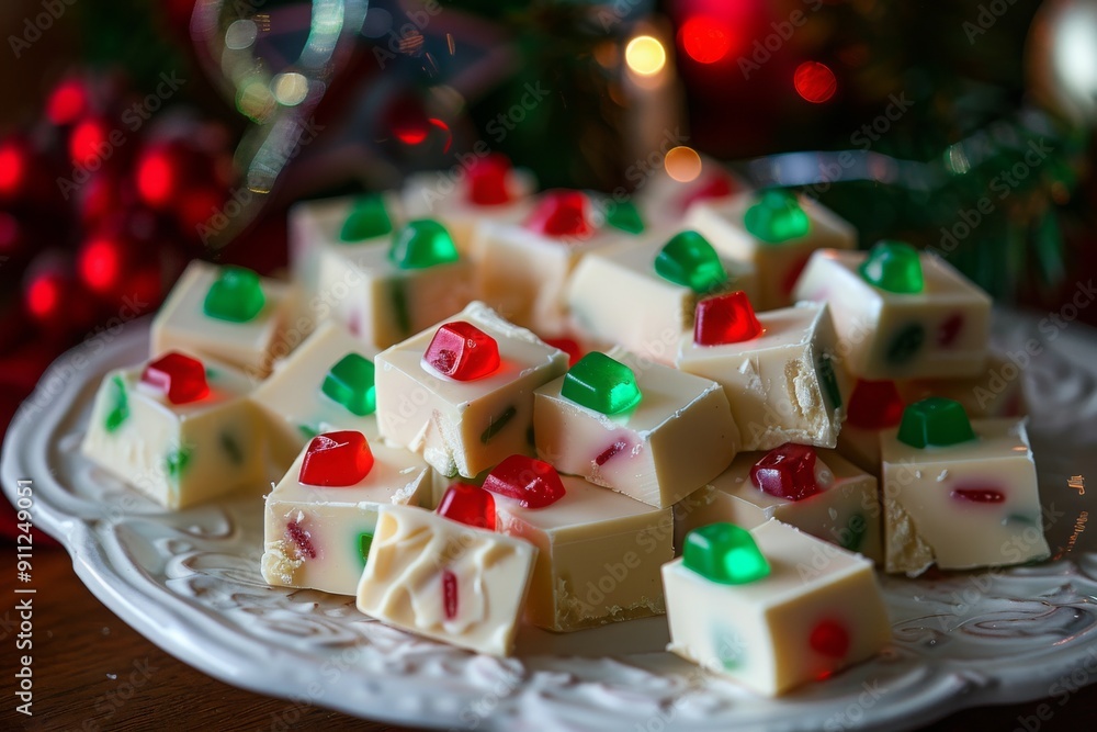 A plate of white chocolate fudge with red and green candy gummy squares, in the shape of Christmas lights A plate of white chocolate fudge with red and green candy gummy squares, in the shape of Christmas lights