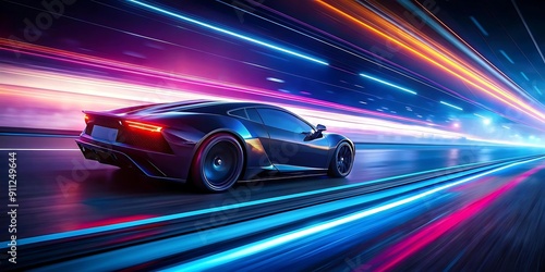 A Supercar On Neon Highway, Powerful acceleration of a high speed on a night track with colorful lights and trails background