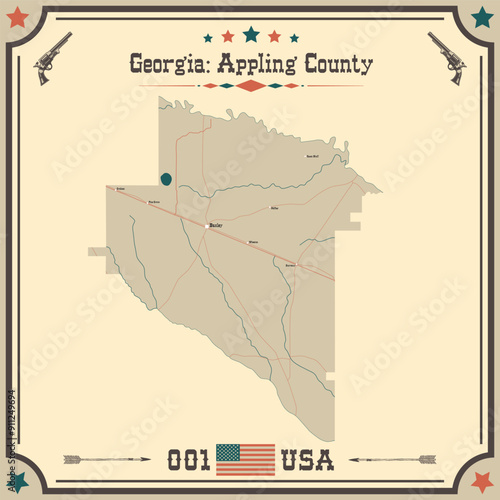 Large and accurate map of Appling County, Georgia, USA with vintage colors.