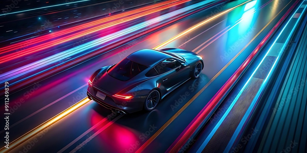 A Supercar On Neon Highway, Powerful acceleration of a high speed on a night track with colorful lights and trails background A Supercar On Neon Highway, Powerful acceleration of a high speed on a night track with colorful lights and trails background