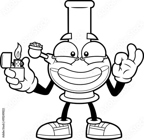 Outlined Marijuana Bong Cartoon Character Holding Burning Lighter And Showing Ok Sign. Vector Hand Drawn Illustration Isolated On Transparent Background