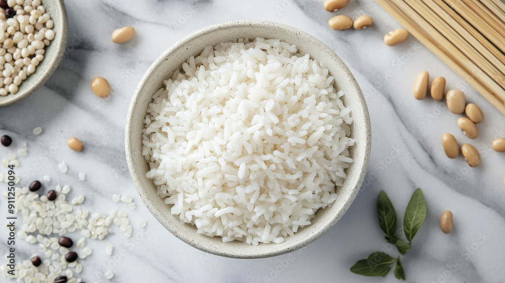 A simple and elegant bowl of white rice, surrounded by beans, grains, and noodles on a marble background. Perfect for an Asian-inspired meal or minimalist food photography. A simple and elegant bowl of white rice, surrounded by beans, grains, and noodles on a marble background. Perfect for an Asian-inspired meal or minimalist food photography.