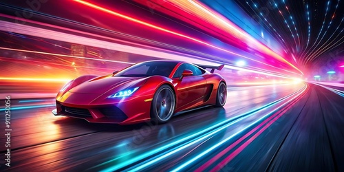 A Supercar On Neon Highway, Powerful acceleration of a high speed on a night track with colorful lights and trails background