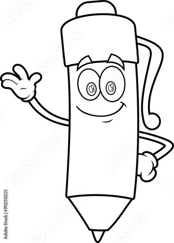 Outlined School Ballpoint Pen Cartoon Character Waving For Greeting. Vector Hand Drawn Illustration Isolated On Transparent Background
