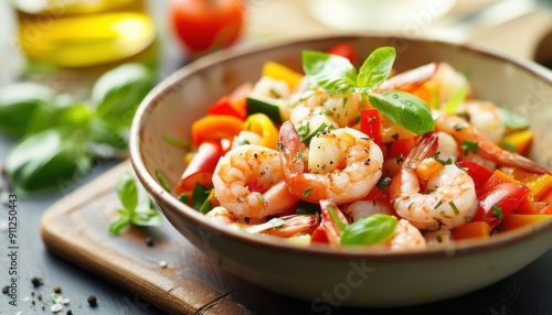 Fresh Shrimp Salad With Colorful Vegetables Served in a Bowl on a Wooden Board