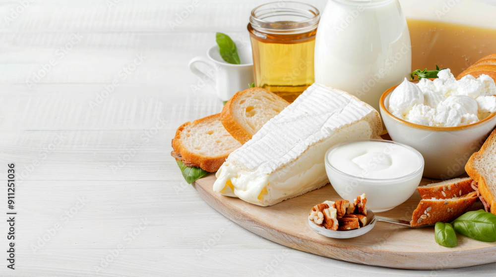 Various dairy products on a wooden table. Milk, cheese, cottage cheese, cream, butter and yogurt. Various dairy products on a wooden table. Milk, cheese, cottage cheese, cream, butter and yogurt.