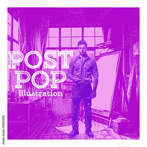 Post Pop Illustration. Portrait of an Artist in His Own Art Studio.