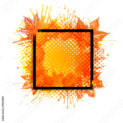 Bright autumn  banner with square black frame for text on vivid paint splashes, maple leaves and halftone elements background. Vector illustration.