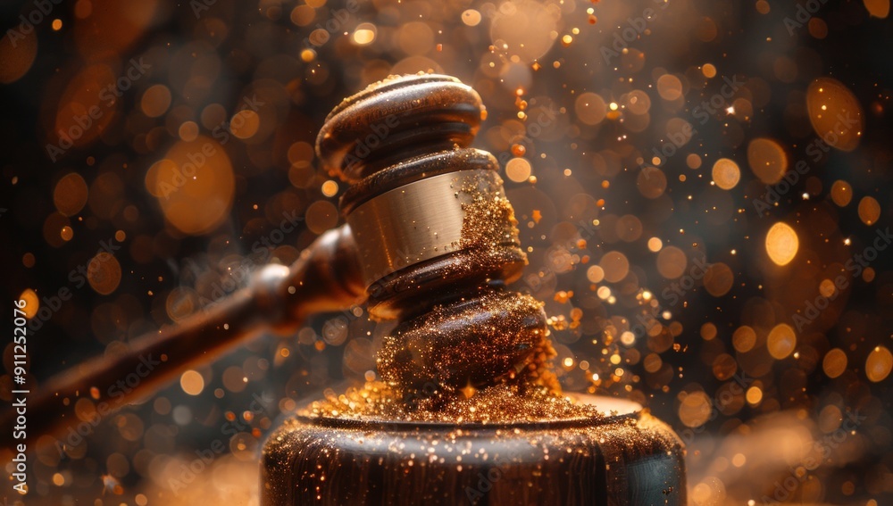 A close-up shot of a gavel striking a wooden sound block, surrounded by a burst of gold dust. A close-up shot of a gavel striking a wooden sound block, surrounded by a burst of gold dust.
