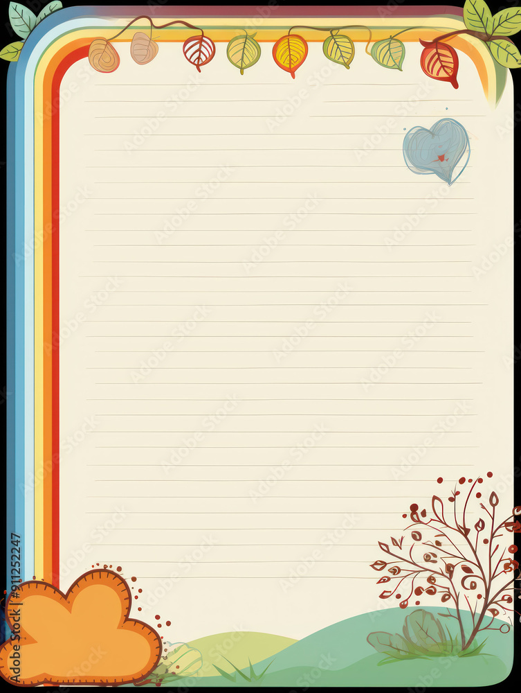 Obraz premium Blank paper with a colorful rainbow border and nature elements.