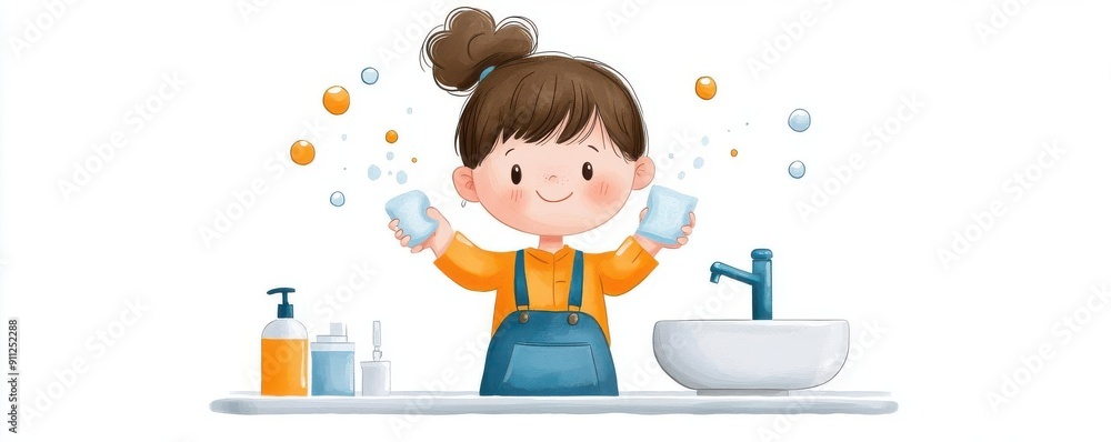 A cheerful child happily washing hands at a sink, showcasing the importance of hygiene and cleanliness. A cheerful child happily washing hands at a sink, showcasing the importance of hygiene and cleanliness.