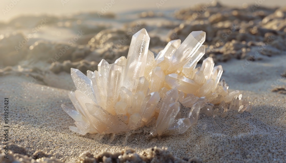 Beautiful Crystal Formation on Sandy Beach at Sunrise Reflecting Light Beautiful Crystal Formation on Sandy Beach at Sunrise Reflecting Light