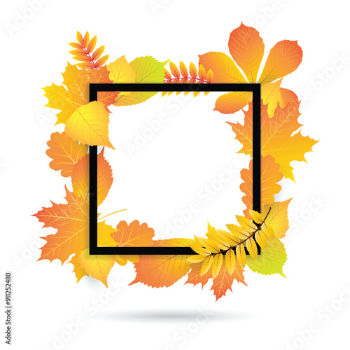 Bright and colorful autumn banner with tree leaves and black square frame for text. Vector illustration.