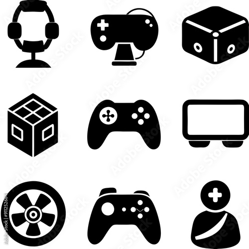 Design a gradient icon set of 16 gaming items: game controller, joystick, VR headset, gaming chair, keyboard, mouse, monitor, gaming console, dice, chess piece, playing card, board game, puzzle piece,