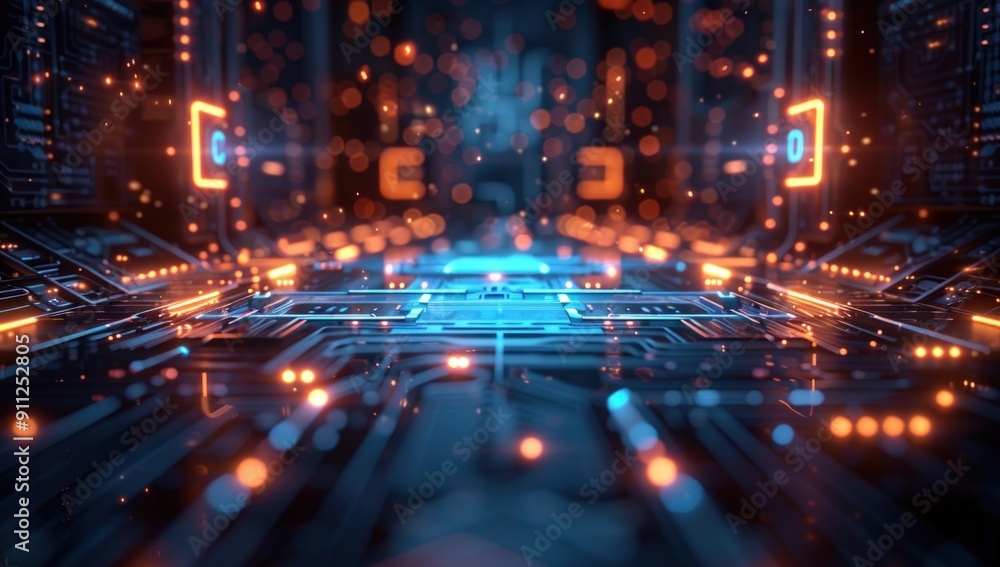 Fototapeta premium Circuit Board Close Up With Glowing Lights