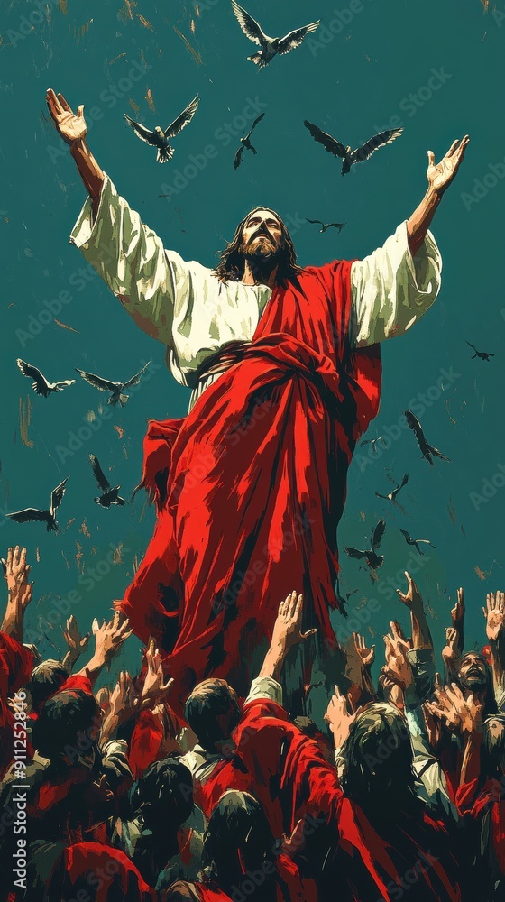 Fototapeta premium Religious Icon: Jesus Amidst the Devout and Doves