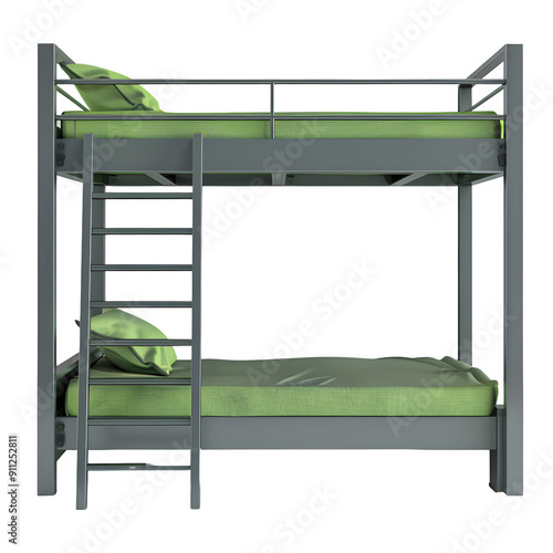 3d render of metallic bunk beds with green bedding, on a clear background