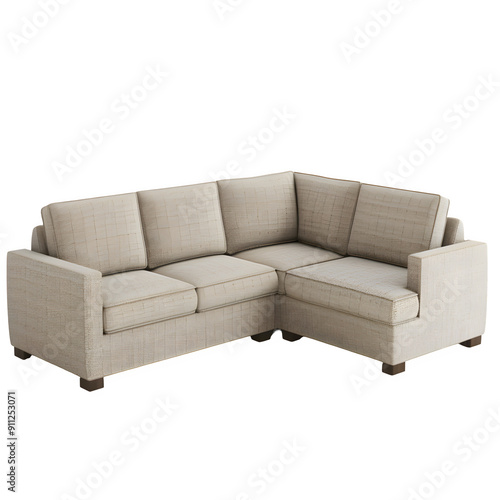 Elegant beige fabric l-shaped sofa with a modern design isolated on a transparent backdrop photo