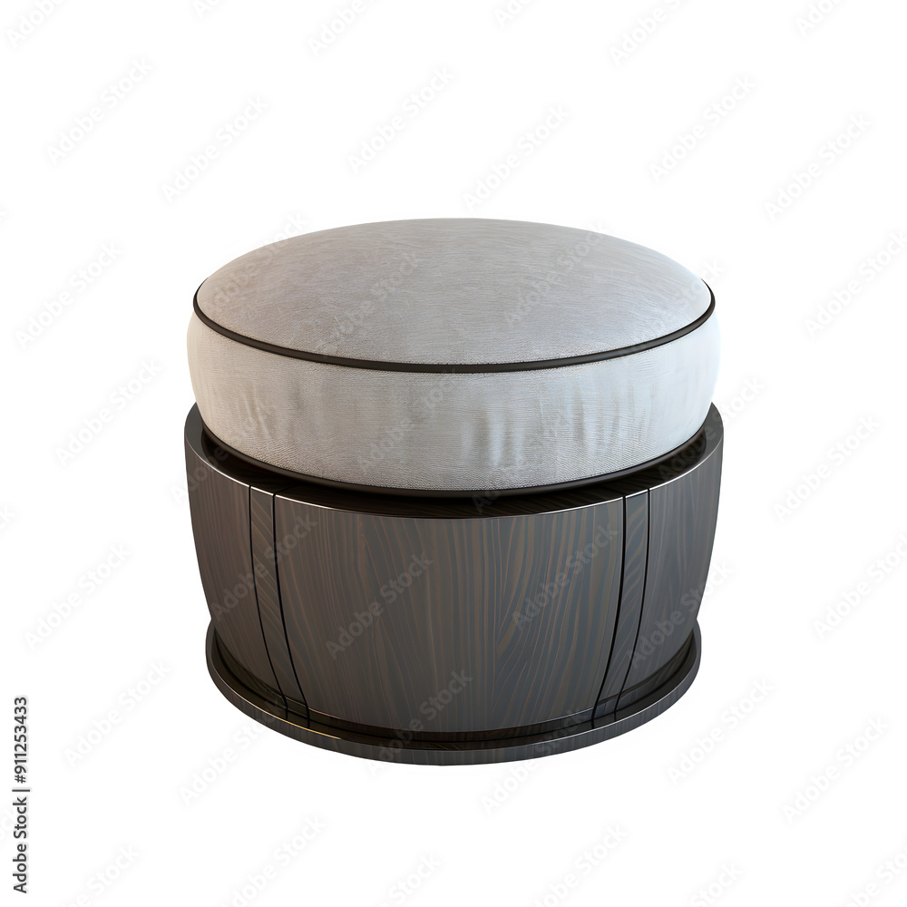 Stylish black and white upholstered round ottoman with storage space, isolated on a transparent checkered background Stylish black and white upholstered round ottoman with storage space, isolated on a transparent checkered background